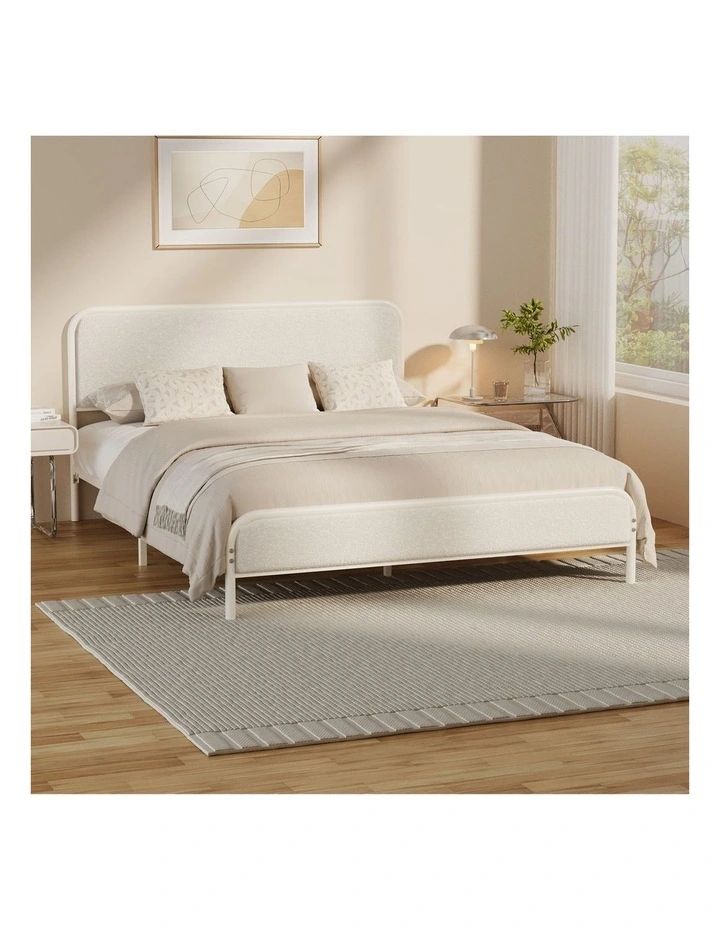 Oikiture Metal Bed Frame Double Size Tufted Bedhead Boucle Fabric Beige image 4