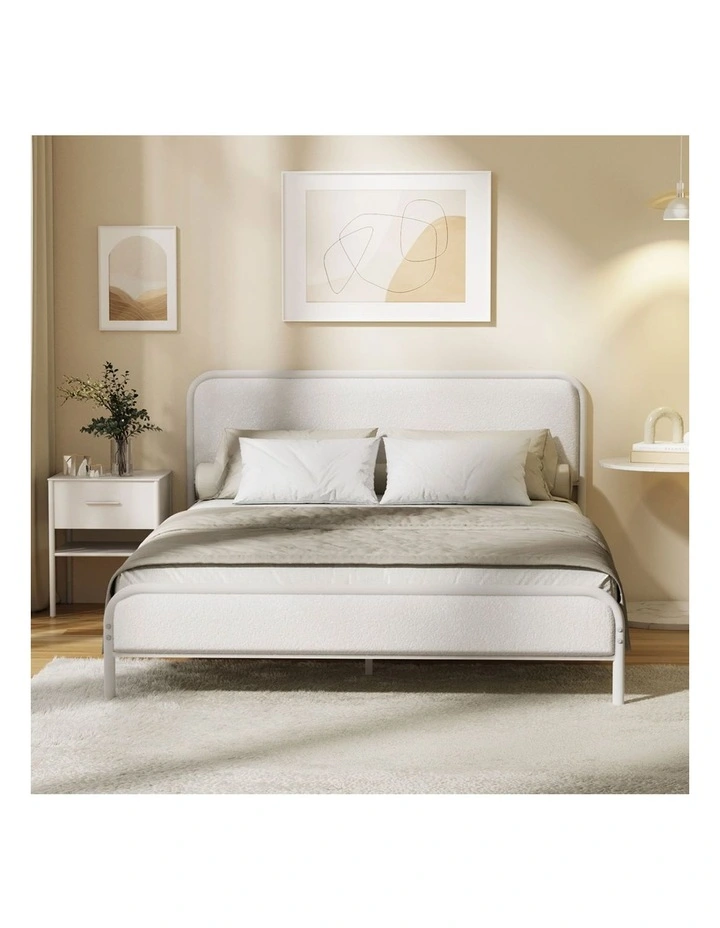 Oikiture Metal Bed Frame Double Size Tufted Bedhead Boucle Fabric Beige image 5
