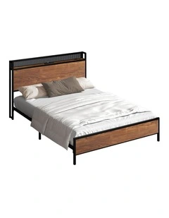 Oikiture Metal Bed Frame King Size LED Light USB Charge Storage Headboard