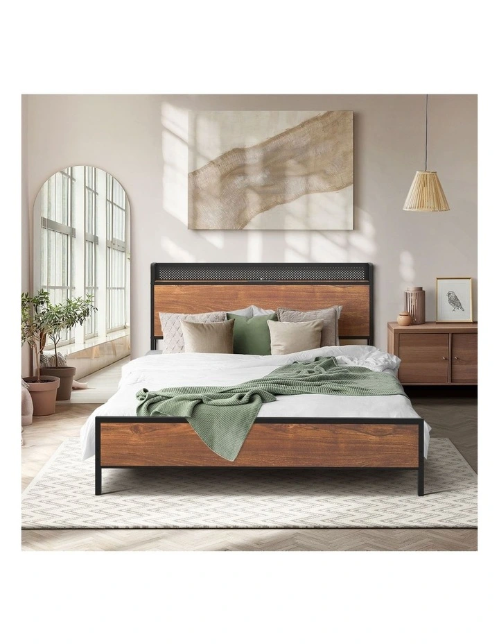 Oikiture Metal Bed Frame King Size LED Light USB Charge Storage Headboard image 5