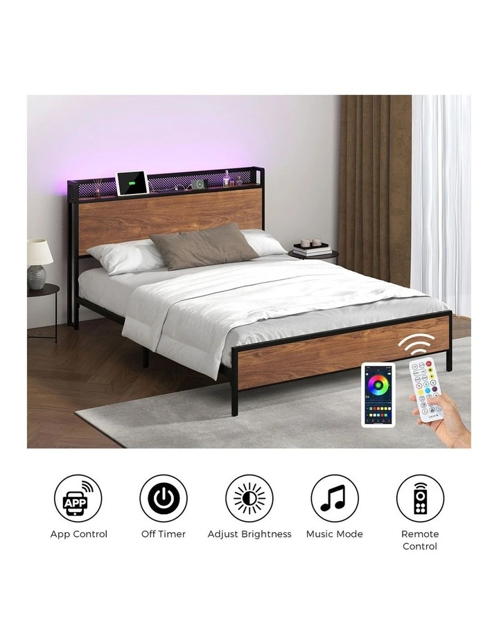 Oikiture Metal Bed Frame King Size LED Light USB Charge Storage Headboard image 7