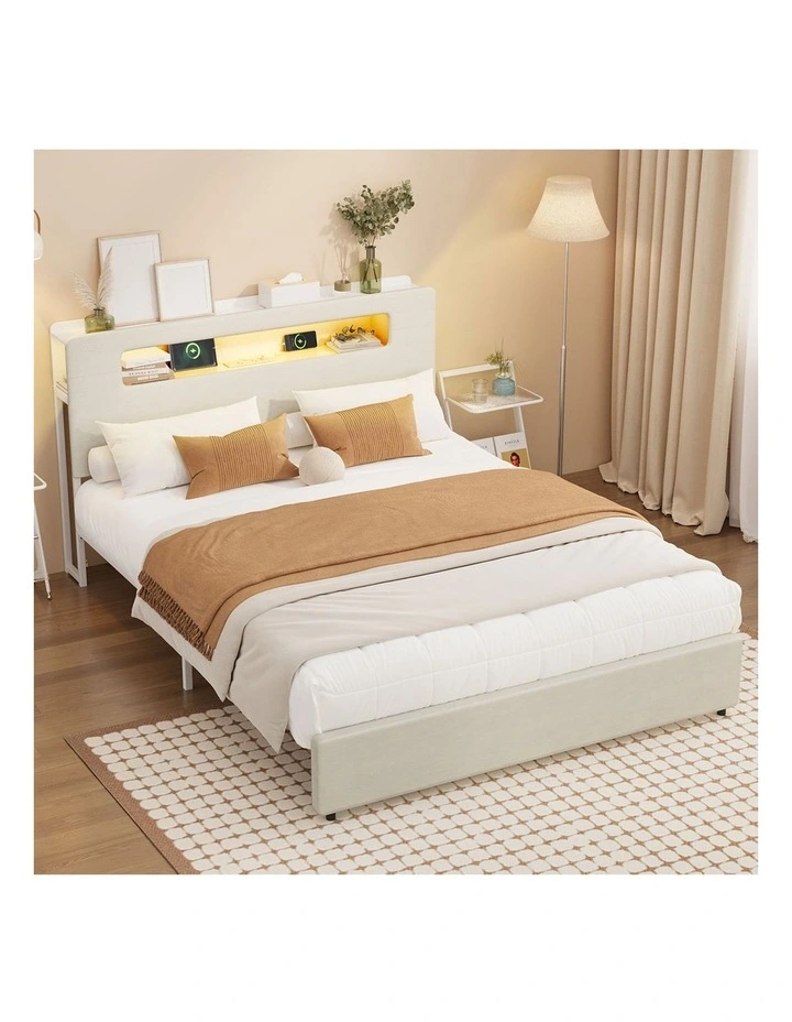 Oikiture Bed Frame Double Size with LED Lights USB Charging Storage Headboad image 4