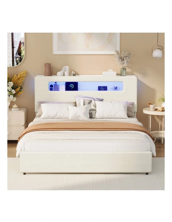 Oikiture Bed Frame Double Size with LED Lights USB Charging Storage Headboad image 5
