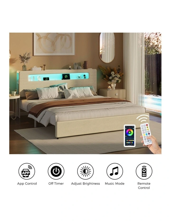 Oikiture Bed Frame Double Size with LED Lights USB Charging Storage Headboad image 7