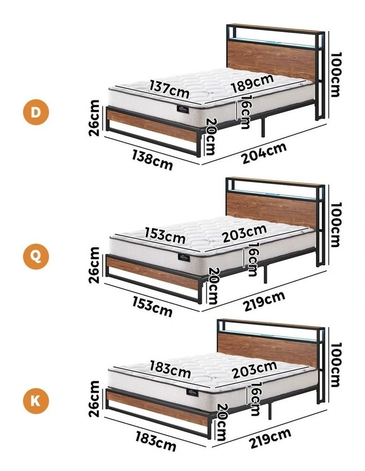 Oikiture Metal Bed Frame King Size LED Storage USB with Mattress image 3