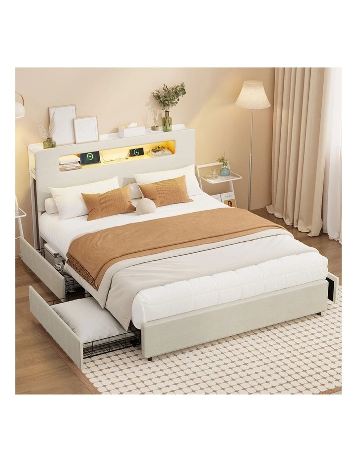 Oikiture Bed Frame 4 Drawers Queen Size with LED Charging Storage Bedhead image 4