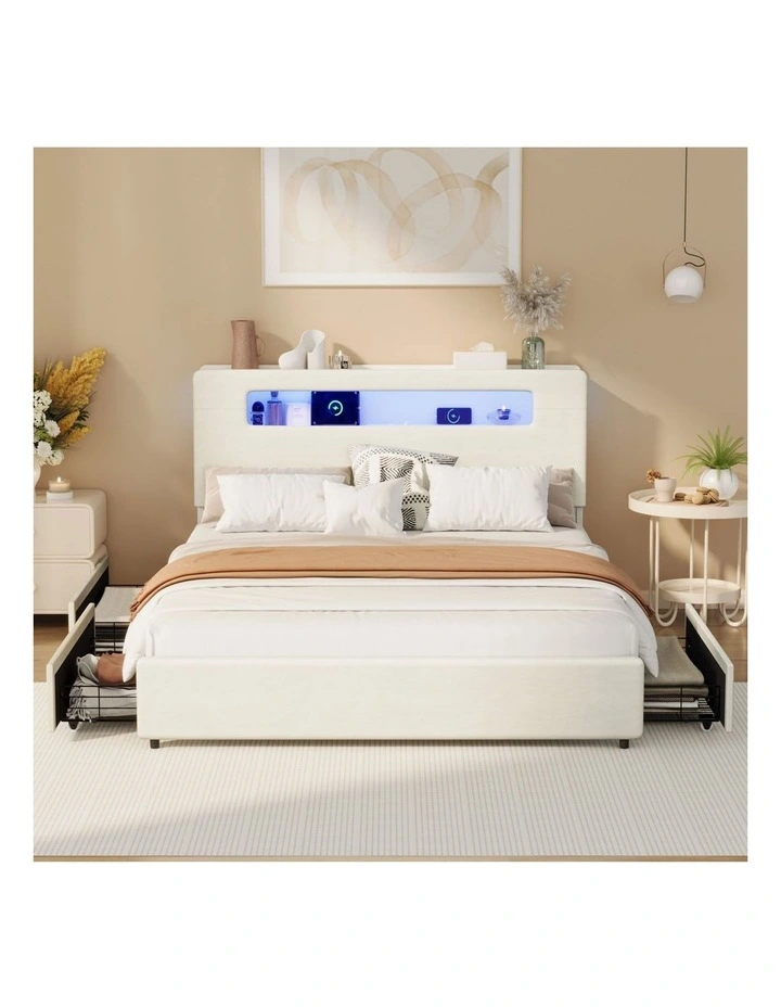 Oikiture Bed Frame 4 Drawers Queen Size with LED Charging Storage Bedhead image 5