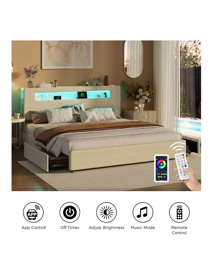 Oikiture Bed Frame 4 Drawers Queen Size with LED Charging Storage Bedhead image 7