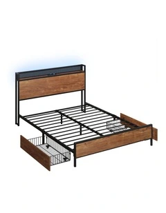 Oikiture Metal Bed Frame Double Size with LED Headboard 2 Storage Drawers USB