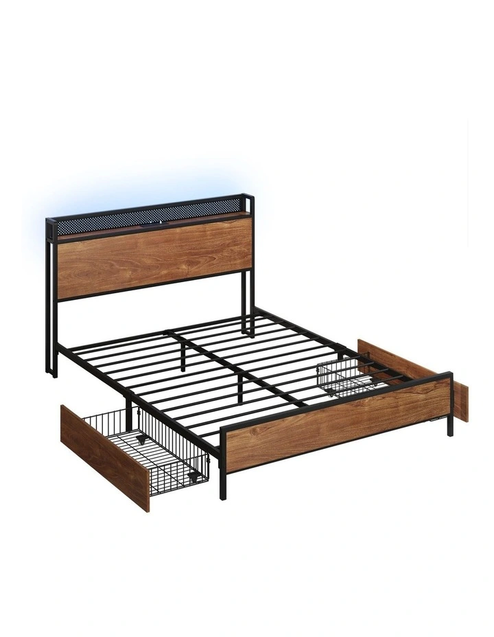Oikiture Metal Bed Frame Double Size with LED Headboard 2 Storage Drawers USB image 1