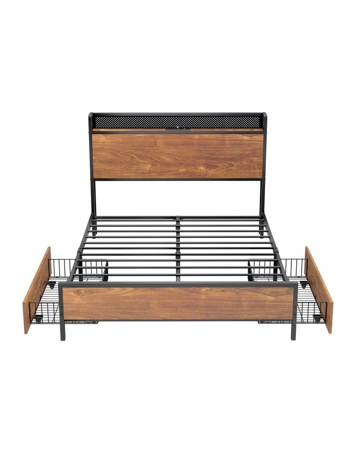 Oikiture Metal Bed Frame Double Size with LED Headboard 2 Storage Drawers USB image 2