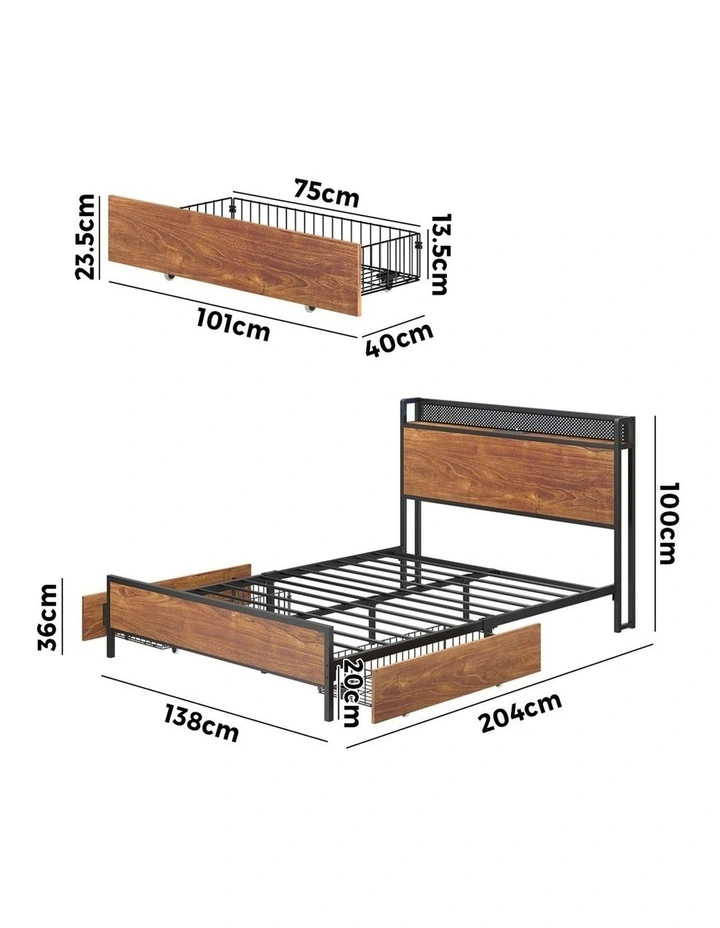 Oikiture Metal Bed Frame Double Size with LED Headboard 2 Storage Drawers USB image 3