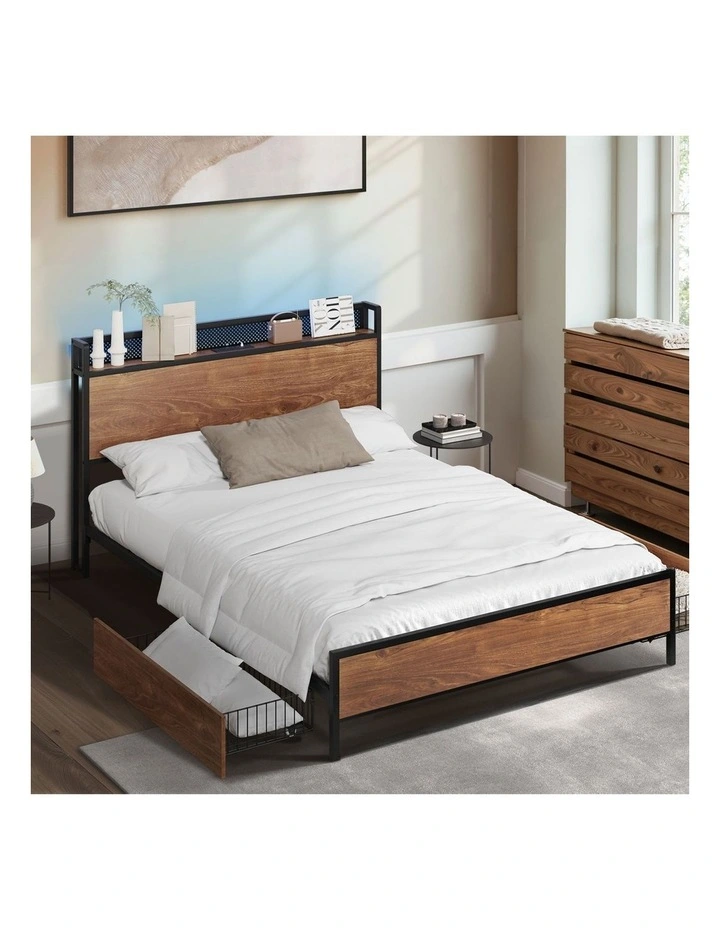 Oikiture Metal Bed Frame Double Size with LED Headboard 2 Storage Drawers USB image 4