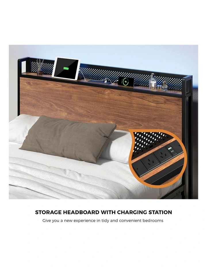 Oikiture Metal Bed Frame Double Size with LED Headboard 2 Storage Drawers USB image 6