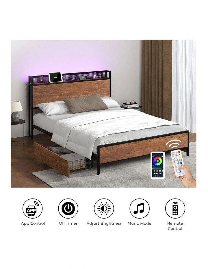 Oikiture Metal Bed Frame Double Size with LED Headboard 2 Storage Drawers USB image 7