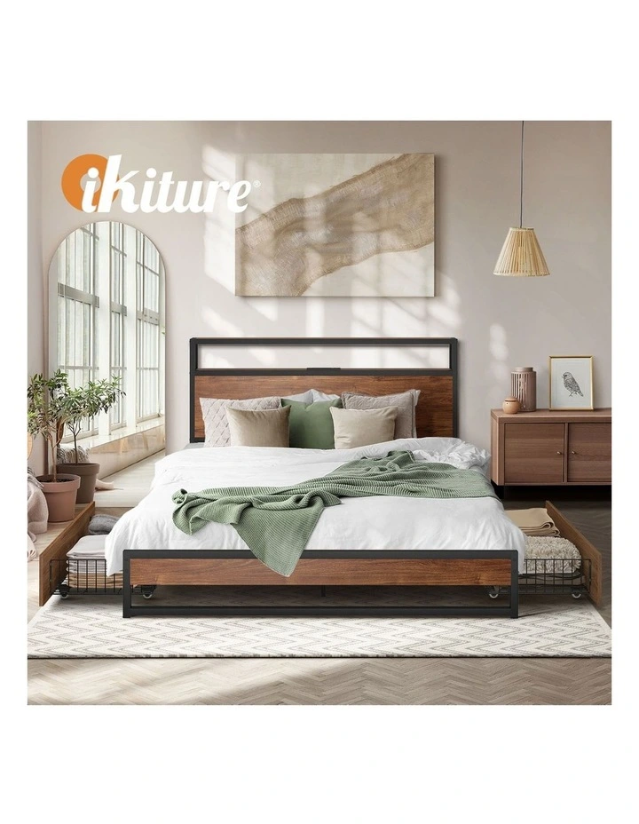 Oikiture 2x Bed Frame Storage Drawers with Wheels Metal Brown image 7
