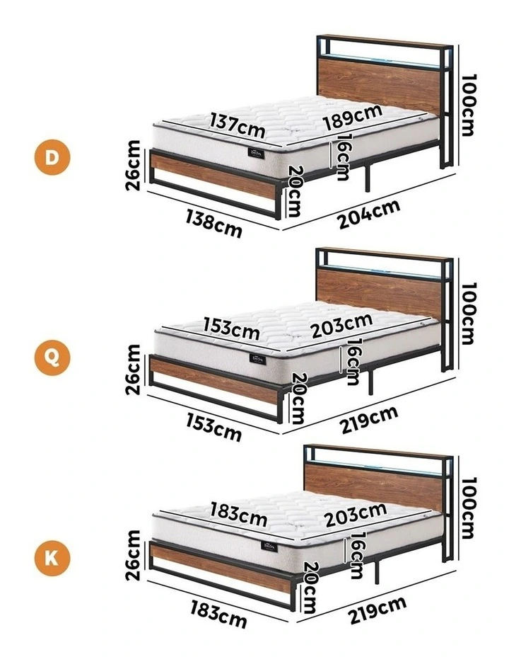 Oikiture Metal Bed Frame Double Size LED Storage USB with Mattress image 3