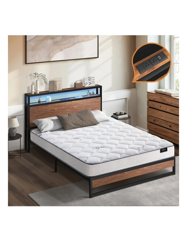 Oikiture Metal Bed Frame Double Size LED Storage USB with Mattress image 4