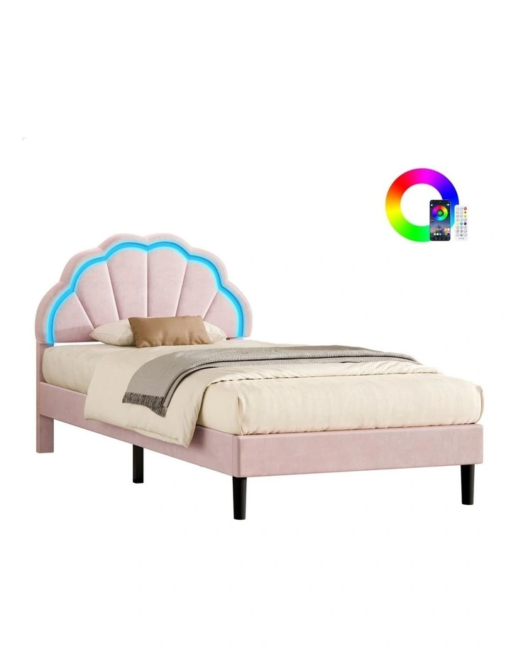Bed Frame King Single LED Adjustable Headboard Velvet Pink image 1