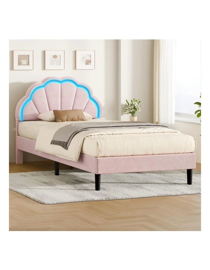 Bed Frame King Single LED Adjustable Headboard Velvet Pink image 2