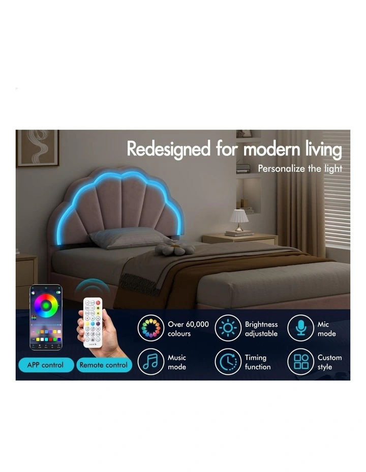 Bed Frame King Single LED Adjustable Headboard Velvet Pink image 3