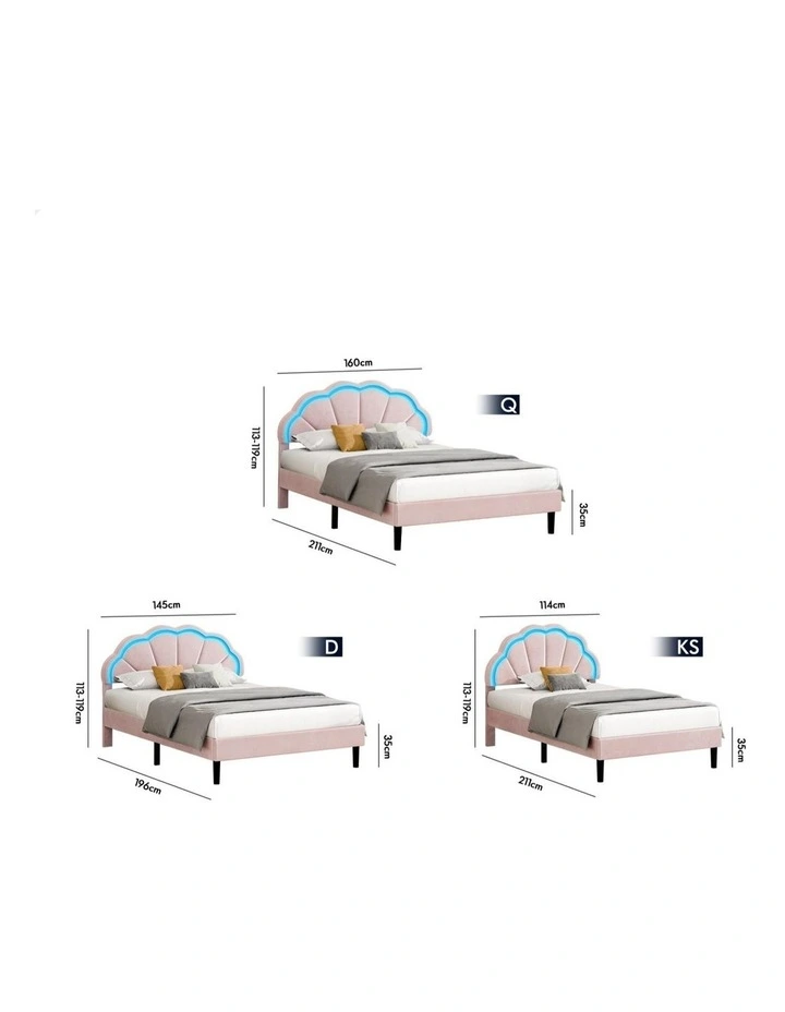 Bed Frame King Single LED Adjustable Headboard Velvet Pink image 7