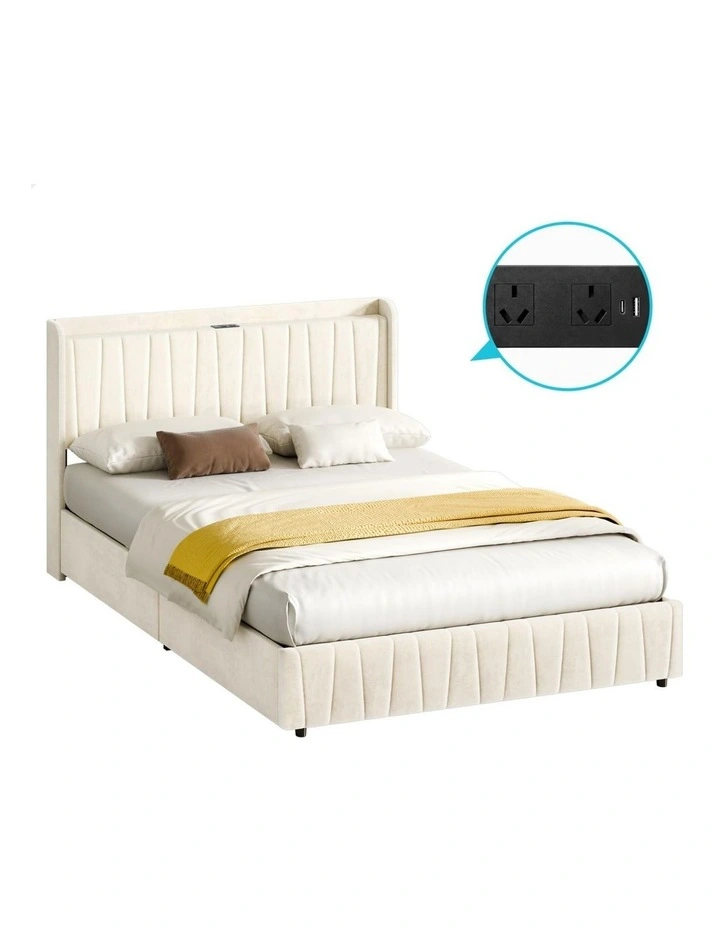 Bed Frame Queen Storage Drawers Charging Station Velvet Beige image 1