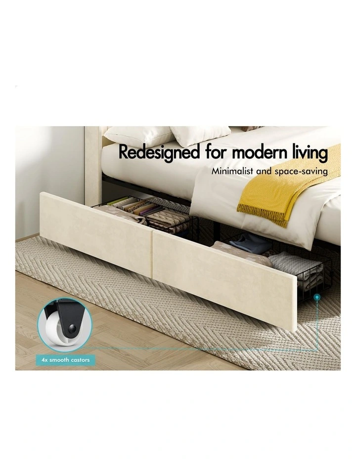Bed Frame Queen Storage Drawers Charging Station Velvet Beige image 3