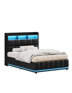 Bed Frame King Single LED Gas Lift Base Storage Leather