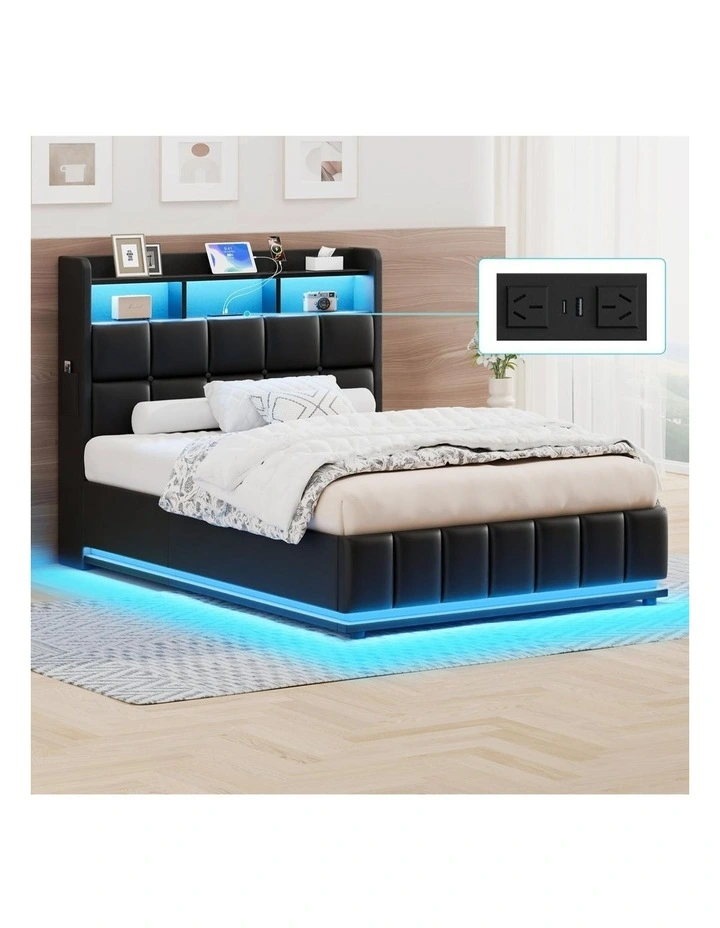 Bed Frame King Single LED Gas Lift Base Storage Leather image 2