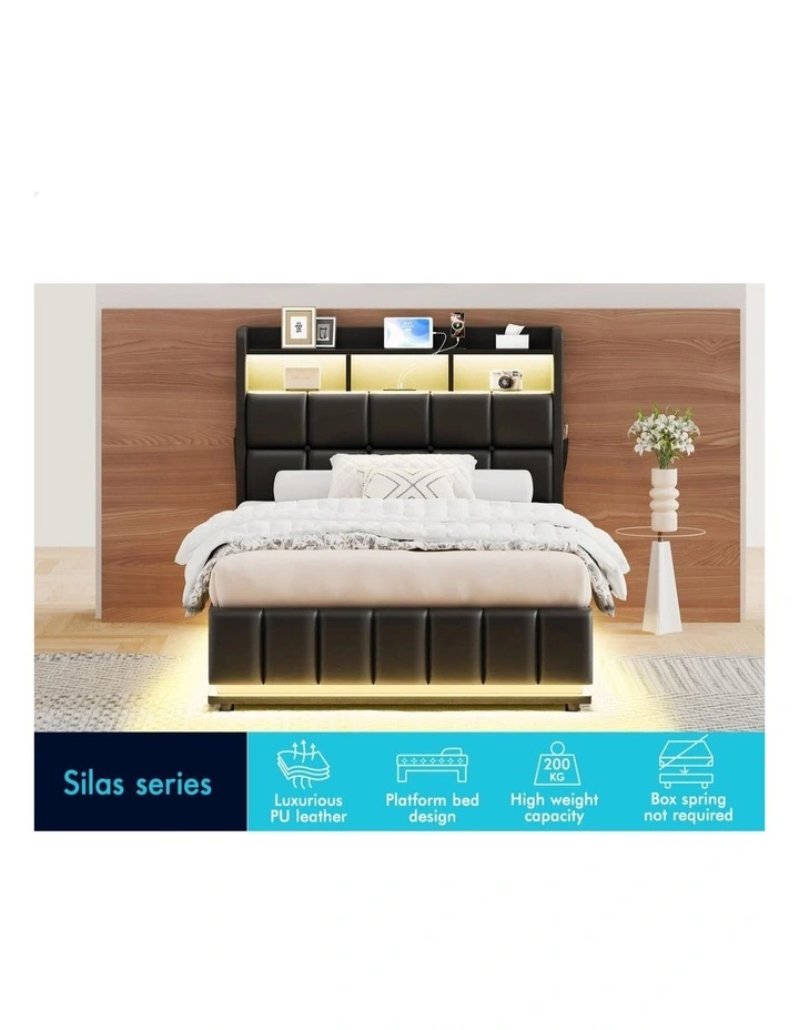 Bed Frame King Single LED Gas Lift Base Storage Leather image 3