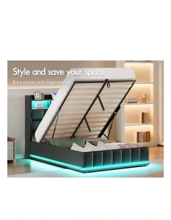 Bed Frame King Single LED Gas Lift Base Storage Leather image 4
