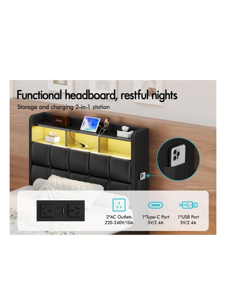 Bed Frame King Single LED Gas Lift Base Storage Leather image 5