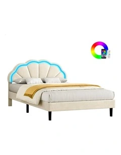 Bed Frame Double LED Adjustable Headboard Velvet Beige