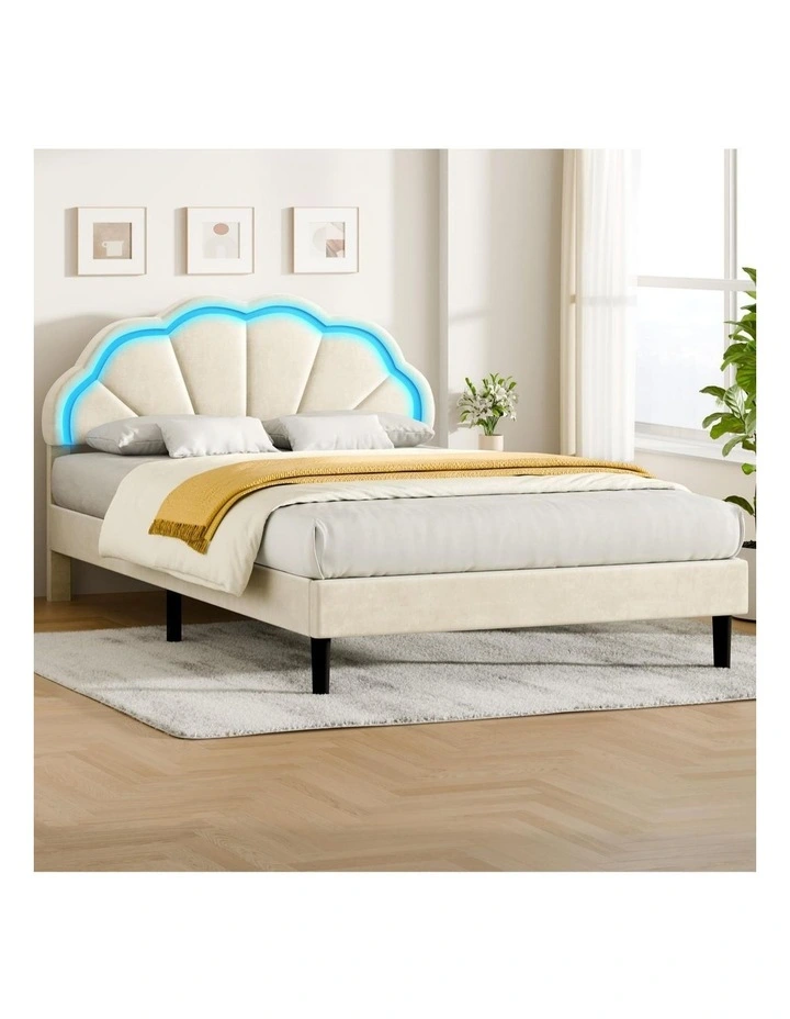 Bed Frame Double LED Adjustable Headboard Velvet Beige image 2