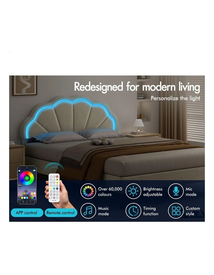 Bed Frame Double LED Adjustable Headboard Velvet Beige image 3