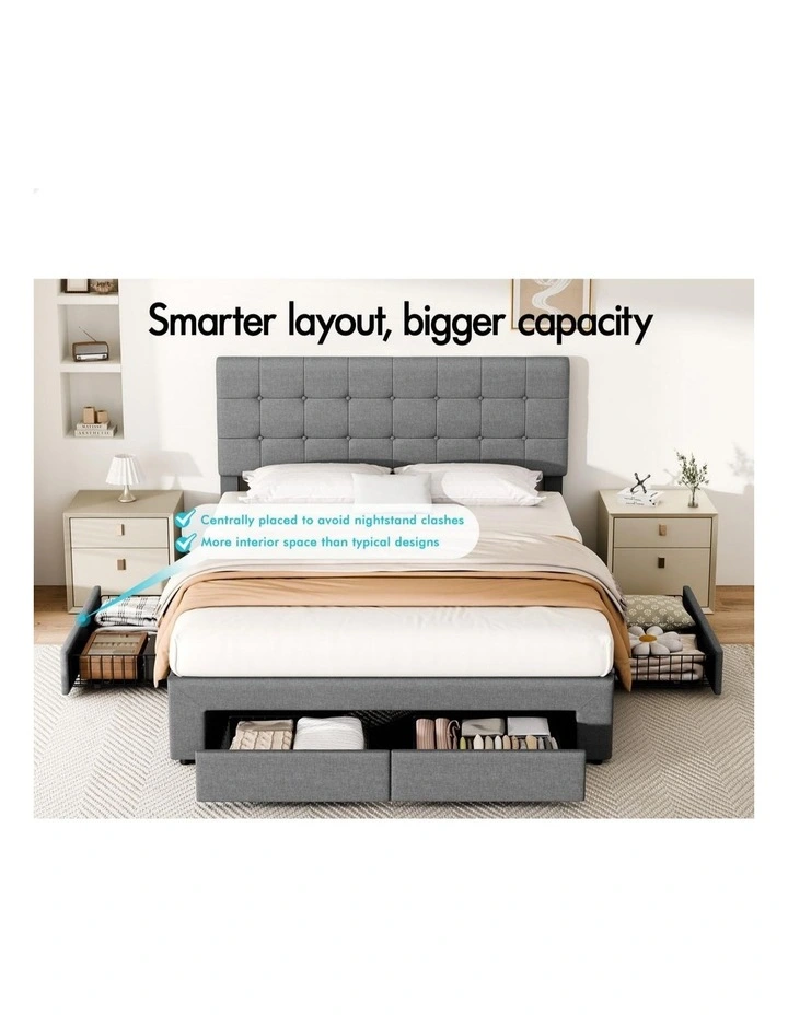Bed Frame Double 4 Storage Drawers Adjustable Headboard Grey image 3