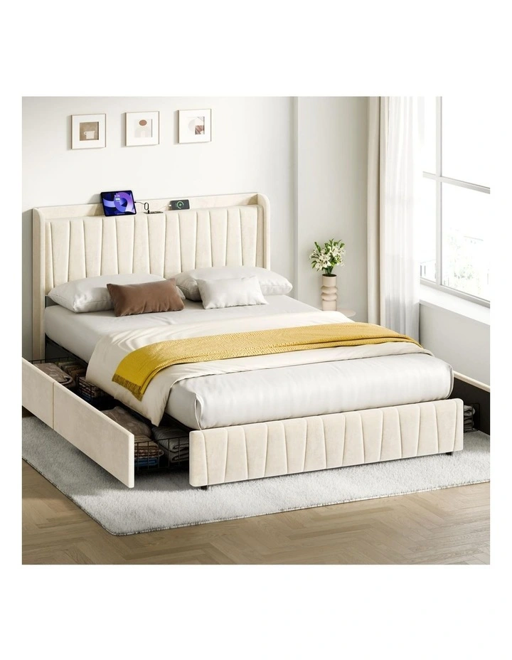 Bed Frame Double Storage Drawers Charging Station Velvet Beige image 2