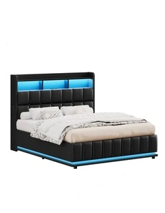 Bed Frame Double LED Gas Lift Base Storage Leather
