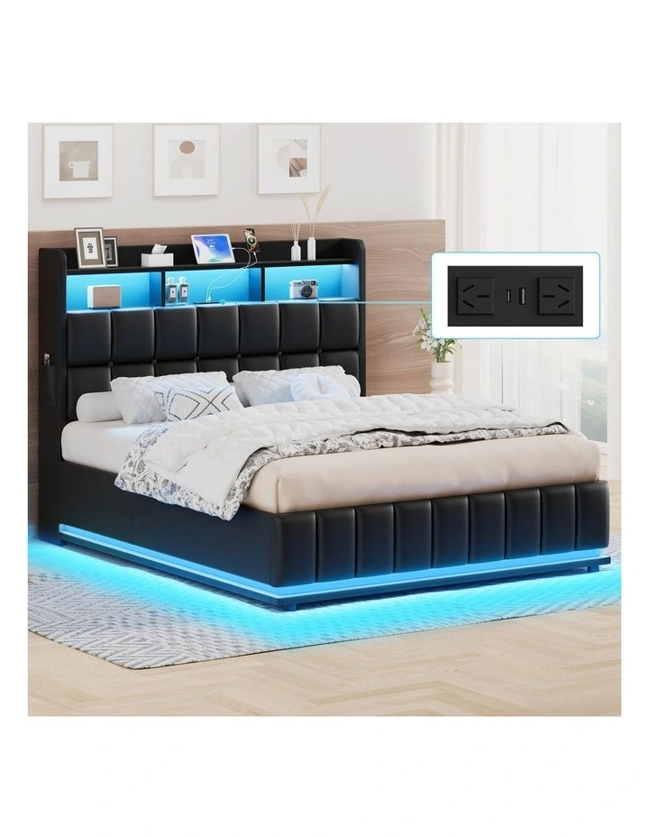 Bed Frame Double LED Gas Lift Base Storage Leather image 2