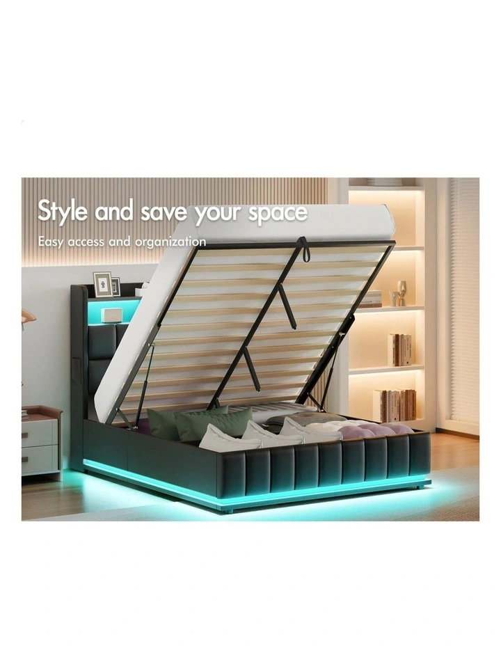 Bed Frame Double LED Gas Lift Base Storage Leather image 3