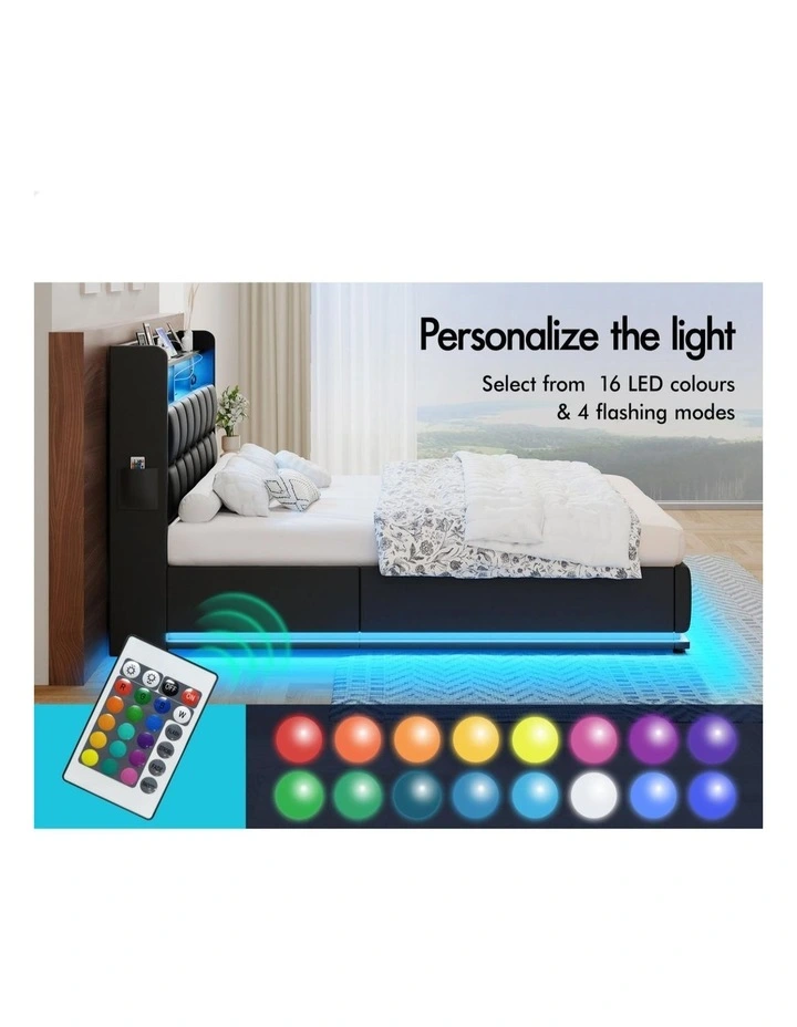 Bed Frame Double LED Gas Lift Base Storage Leather image 4