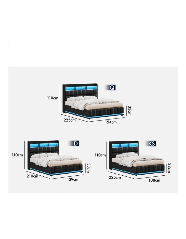 Bed Frame Double LED Gas Lift Base Storage Leather image 7