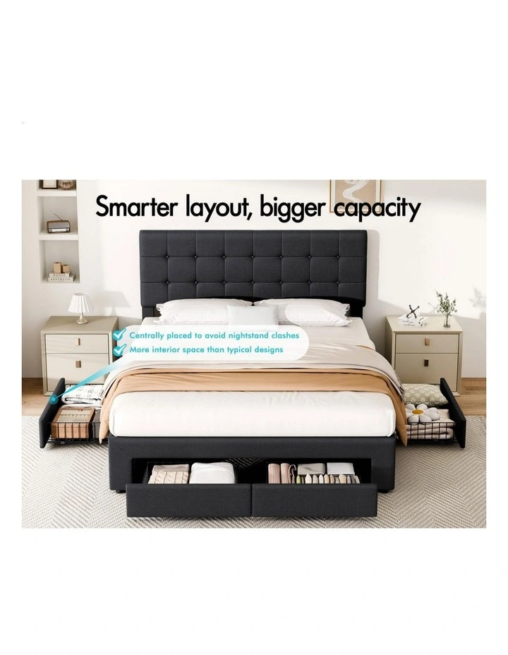 Bed Frame Double 4 Storage Drawers Adjustable Headboard Charcoal image 3