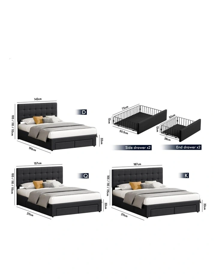 Bed Frame Double 4 Storage Drawers Adjustable Headboard Charcoal image 7
