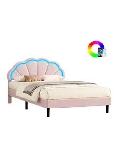 Bed Frame Double LED Adjustable Headboard Velvet Pink