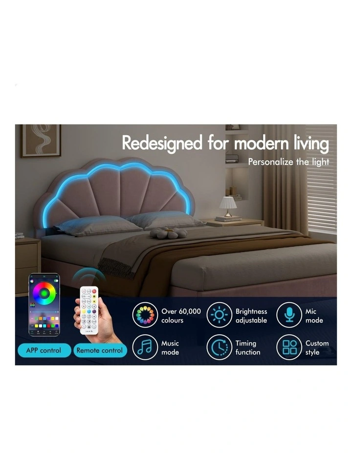 Bed Frame Double LED Adjustable Headboard Velvet Pink image 3
