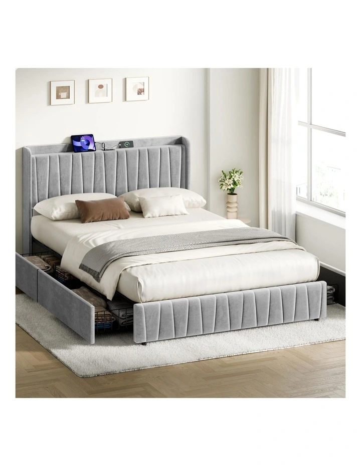 Bed Frame Queen Storage Drawers Charging Station Velvet Grey image 2