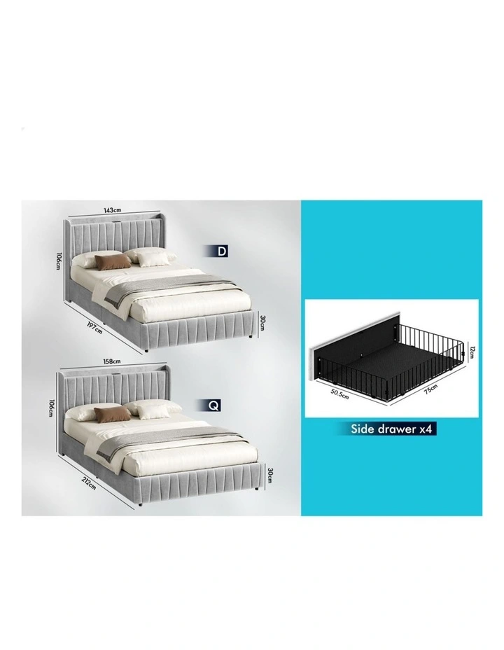 Bed Frame Queen Storage Drawers Charging Station Velvet Grey image 7