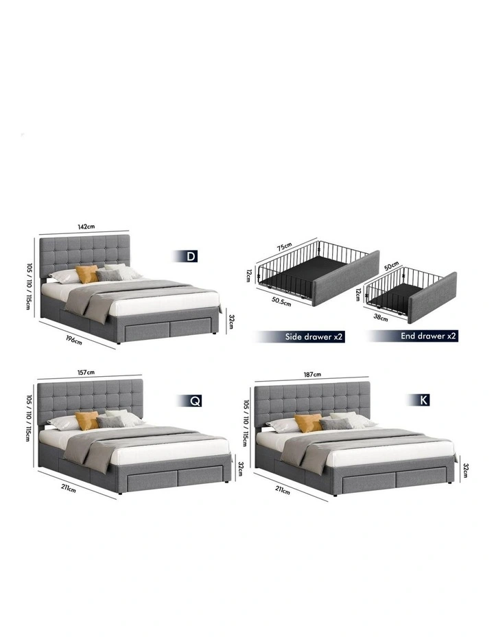 Bed Frame King 4 Storage Drawers Adjustable Headboard Grey image 7